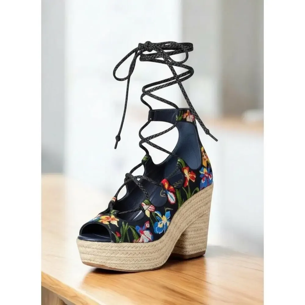 Tory Burch Positano Lace Up Platform Espadrille Size 7M